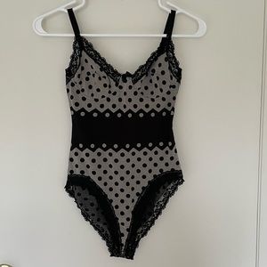 Capucine Puerari bodysuit, gray w/black polkadots. Size 2